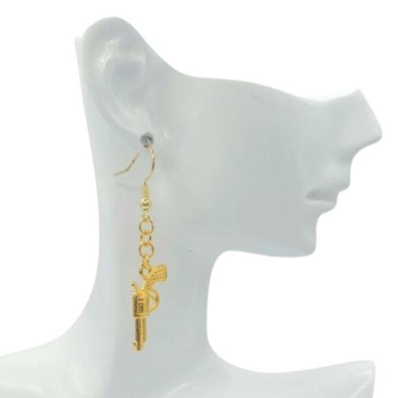 Western Revolver Earrings Gold Tone Pistol Dangles - Picture 2 of 3